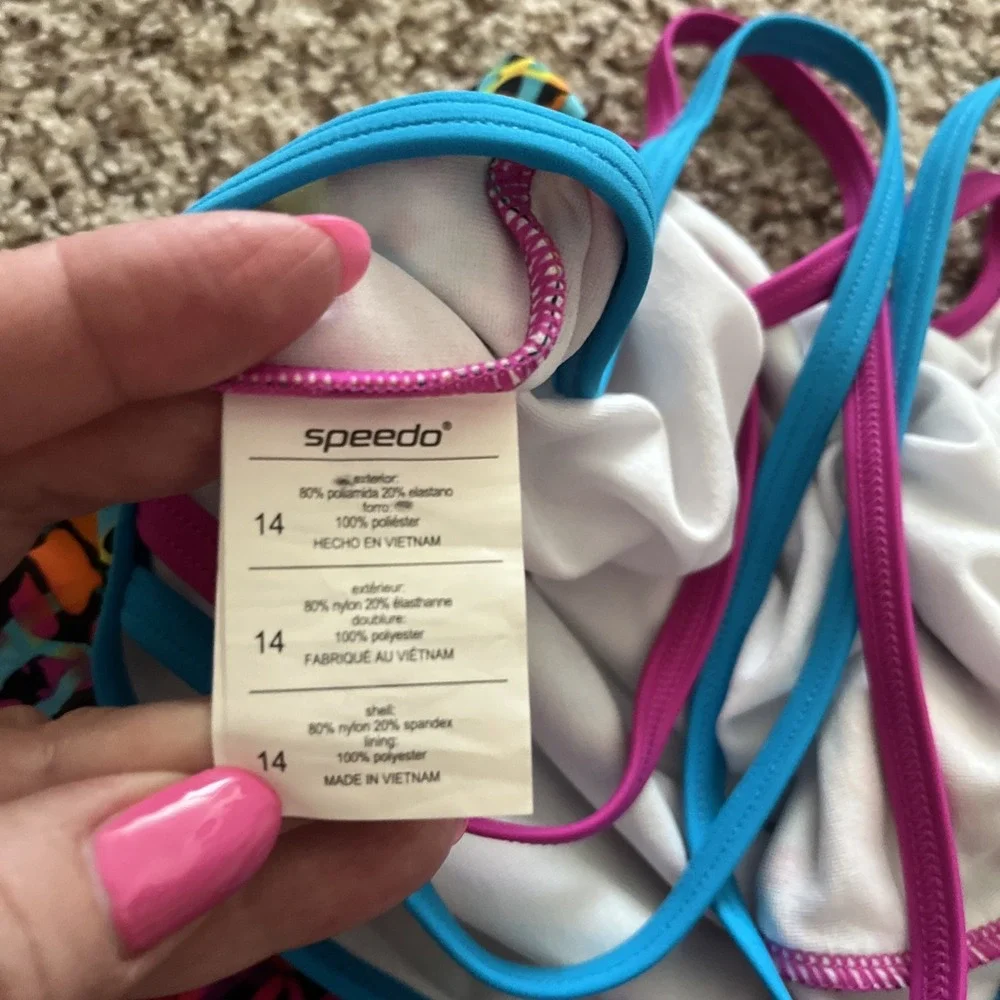 Speedo Girl's Swimsuit One Piece Multicolored Cross Back Multi Straps Size 14